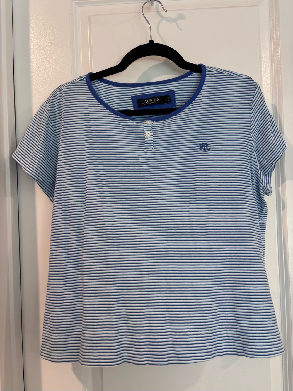 Lauren Ralph Lauren Light Blue & White Striped Short Sleeve Tee